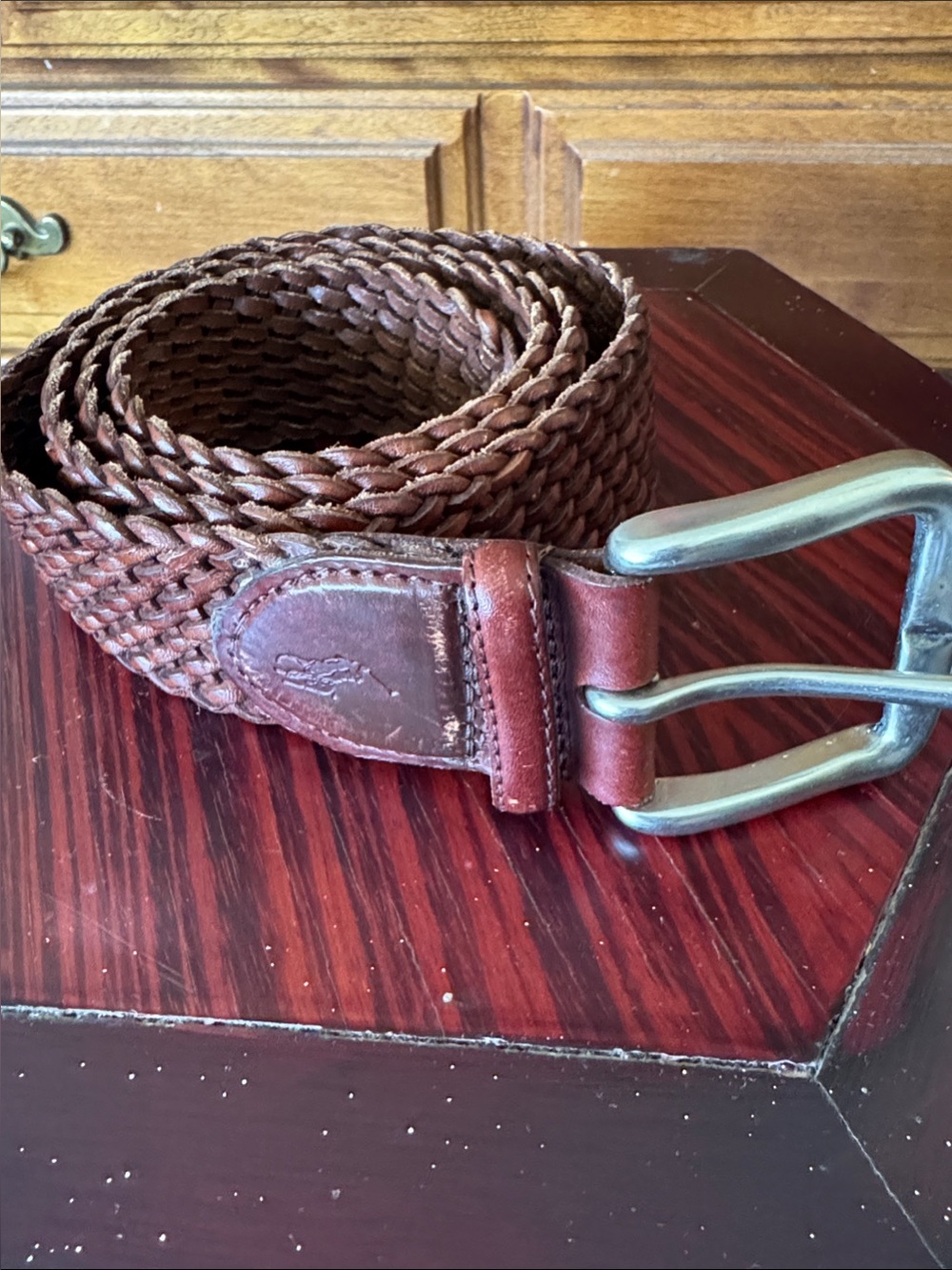 Polo by Ralph Lauren Rich Brown Woven Leather Belt with Silvered Brass Buckle 46